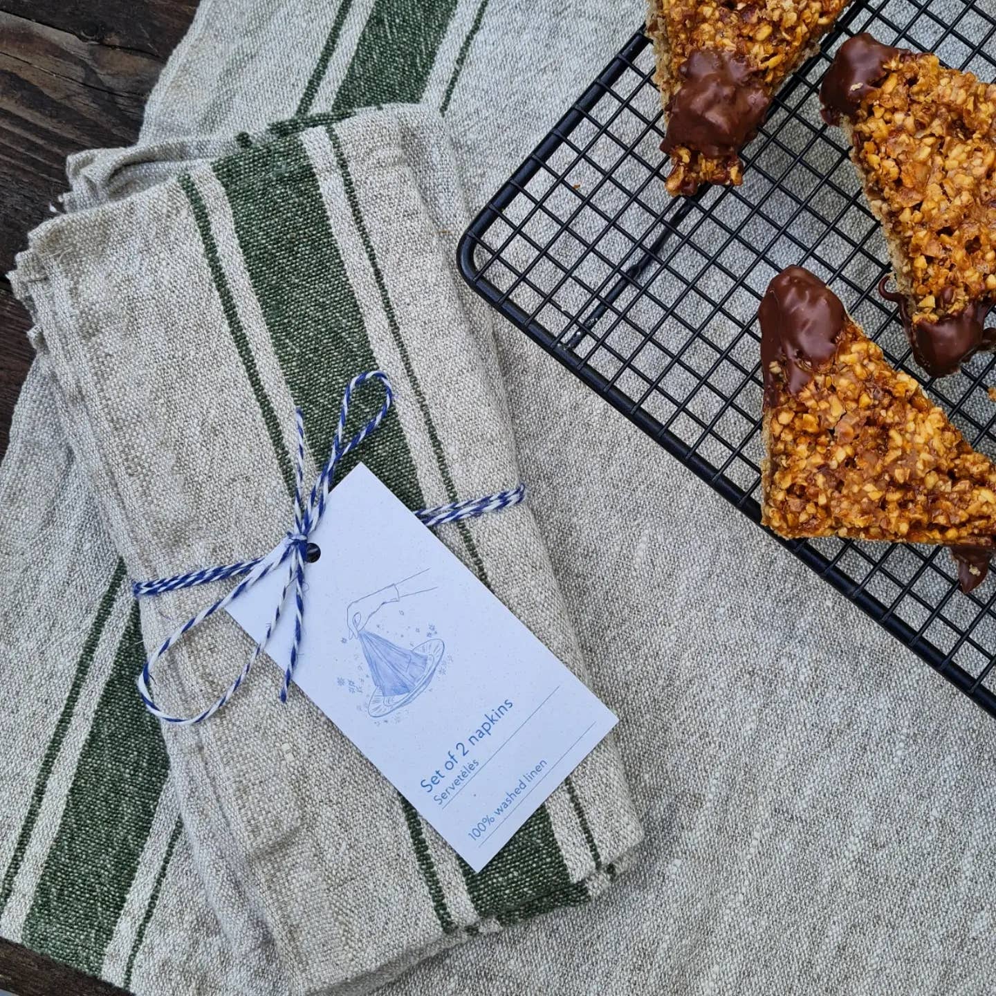 Linen Napkins x2 / Green Stripe Vintage